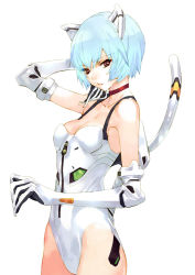 Rule 34 | 1girl, adapted costume, animal ears, arm behind head, ayanami rei, bare shoulders, blue hair, bob cut, breasts, choker, cleavage, closed mouth, collarbone, cowboy shot, elbow gloves, fake animal ears, fake tail, from side, gloves, hand up, hapoi, head tilt, kemonomimi mode, leotard, looking at viewer, medium breasts, neon genesis evangelion, okazaki takeshi, pilot suit, pink eyes, plugsuit, red eyes, short hair, simple background, solo, super plugsuit, tail, white background, white gloves, white leotard