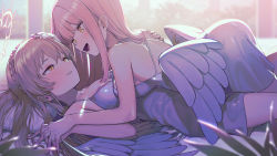 Rule 34 | 2girls, angel wings, blue archive, braid, brown eyes, camisole, feathered wings, french braid, girl on top, halo, highres, holding hands, light brown hair, long hair, low wings, lying, mika (blue archive), multiple girls, nagisa (blue archive), on back, pink hair, signalviolet, spaghetti strap, very long hair, white wings, wings, yellow eyes, yuri