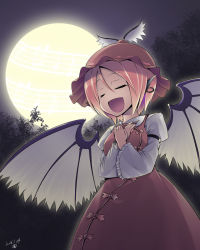 Rule 34 | 1girl, :d, animal ears, aozora market, bird wings, dress, earrings, closed eyes, full moon, glowing, hands on own chest, jewelry, juliet sleeves, long sleeves, moon, music, musical note, mystia lorelei, open mouth, outdoors, puffy sleeves, quaver, sheet music, short hair, singing, single earring, smile, solo, staff (music), touhou, tree, winged hat, wings