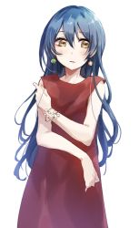 Rule 34 | 1girl, blue hair, blush, bracelet, chiigo, commentary request, cowboy shot, dress, earrings, hair between eyes, jewelry, long hair, looking at viewer, love live!, love live! school idol project, red dress, simple background, sleeveless, sleeveless dress, solo, sonoda umi, white background, yellow eyes