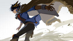 Rule 34 | 1boy, black hair, black pants, black shirt, blue eyes, blue jacket, brown cape, brown gloves, cape, elbow gloves, facial mark, facial tattoo, from side, fudo yusei, gloves, high collar, jacket, jiayu long, knee pads, leather belt, male focus, multicolored hair, open clothes, open jacket, outstretched arm, pants, sand, serious, shirt, short hair, solo, spiked hair, streaked hair, tattoo, upper body, white background, wind, yu-gi-oh!, yu-gi-oh! 5d&#039;s