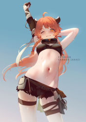 Rule 34 | 1girl, ahoge, arknights, arms up, bandeau, black shorts, blue background, braid, breasts, commentary, cowboy shot, croissant (arknights), croissant (seeker) (arknights), cutoffs, gradient background, grey background, highres, horns, kani fish, long hair, looking at viewer, midriff, navel, official alternate costume, one eye closed, orange eyes, orange hair, short shorts, shorts, small breasts, solo, standing, stomach, stretching, thigh strap, thighs, twin braids, very long hair