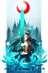 Rule 34 | 1girl, an yue (qys3), belt, black gloves, black hair, black hat, black jacket, black shirt, blue eyes, closed mouth, collarbone, crescent moon, gloves, glowing, glowing sword, glowing weapon, hat, highres, holding, holding sword, holding weapon, horns, jacket, long hair, long sleeves, moon, open clothes, open jacket, peaked cap, pixiv fantasia, pixiv fantasia last saga, pointy ears, qys3, red moon, shirt, single horn, smile, solo, sword, very long hair, weapon, white belt, white gloves, yellow neckwear