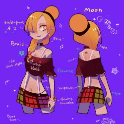 Rule 34 | 1girl, bare shoulders, black shirt, blonde hair, blue background, bracelet, braid, chibi, chibi inset, clothes writing, collar, collarbone, crescent, crescent earrings, cropped legs, earrings, english text, hair over one eye, hair over shoulder, hecatia lapislazuli, hecatia lapislazuli (moon), highres, jewelry, junko (touhou), long hair, looking at viewer, midriff, miniskirt, multicolored clothes, multicolored skirt, multiple views, nail polish, navel, off-shoulder shirt, off shoulder, pointy ears, shirt, simple background, single braid, skirt, star-shaped pupils, star (symbol), suspenders, symbol-shaped pupils, t-shirt, tattoo, tied shirt, touhou, yellow eyes, yellow nails, zaonyan