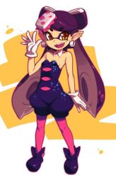 Rule 34 | + +, 1girl, bare shoulders, black hair, breasts, brown eyes, callie (splatoon), cleavage, commentary request, food, food on head, full body, gloves, hand up, inkling, long hair, looking at viewer, metata, nintendo, object on head, open mouth, pantyhose, pointy ears, purple footwear, red pantyhose, shoes, sleeveless, small breasts, smile, solo, splatoon (series), splatoon 1, standing, teeth, tentacle hair, white gloves