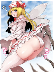 Rule 34 | 1girl, ?, ass, blonde hair, blue eyes, branch, capelet, cloud, commentary request, dress, fairy wings, highres, lily white, long hair, long sleeves, looking at viewer, open mouth, outdoors, panties, solo, starraisins, thighhighs, touhou, underwear, wedgie, white capelet, white dress, white headwear, white panties, white thighhighs, white wings, wings