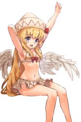 Rule 34 | 1girl, :d, arm behind head, armpits, arms up, bare legs, bikini, bikini skirt, blonde hair, blue eyes, blush, breasts, commentary request, feathered wings, feet out of frame, highres, invisible chair, lily white, long hair, looking at viewer, navel, open mouth, simple background, sitting, small breasts, smile, solo, stomach, swimsuit, thumbs up, touhou, very long hair, white background, white bikini, white headwear, white wings, wings, yanyan (shinken gomi)