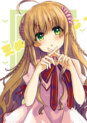 Rule 34 | 1girl, absurdres, ahoge, blush, bow, braid, brown hair, canaca chiyuri, commentary request, crossed fingers, dress, eyelashes, eyes visible through hair, flower, green background, hair between eyes, hair flower, hair ornament, hands up, head tilt, highres, kanbe kotori, kazamatsuri institute high school uniform, long hair, looking at viewer, open mouth, own hands together, pink dress, puffy short sleeves, puffy sleeves, red bow, red ribbon, rewrite, ribbon, school uniform, short sleeves, sidelocks, simple background, solo, sprout, standing, straight-on, sunflower, sunflower hair ornament, twin braids, upper body, v-shaped eyebrows, very long hair, wavy hair
