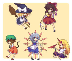 Rule 34 | 5girls, alcohol, animal ears, apron, ascot, barefoot, black footwear, blonde hair, blue dress, blue eyes, bow, bowtie, braid, broom, broom riding, brown footwear, brown hair, cat ears, cat tail, chen, chibi, cuffs, cup, detached sleeves, dress, earrings, fang, frilled bow, frilled dress, frills, gohei, green bow, green headwear, grey hair, hair bow, hair tubes, hakurei reimu, hat, hat bow, horns, hoshiguma yuugi, izayoi sakuya, jewelry, k0580t, kirisame marisa, knife, long hair, long sleeves, maid, maid headdress, mary janes, mob cap, multiple girls, multiple tails, nekomata, oni, open mouth, pink eyes, red bow, red dress, red footwear, red horns, red skirt, ribbon, sakazuki, sake, shackles, shoes, short hair, side braid, single braid, single earring, single horn, skirt, skirt set, smile, socks, star (symbol), striped clothes, striped skirt, tail, teeth, touhou, twin braids, two tails, upper teeth only, waist apron, white apron, white bow, white socks, wide sleeves, witch hat, yellow ascot, yellow bow, yellow bowtie, yellow eyes, yin yang