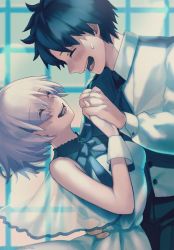 Rule 34 | 1boy, 1girl, alternate costume, bare shoulders, black hair, black neckwear, blush, breasts, buttoned cuffs, buttons, closed eyes, collared shirt, commentary request, dancing, dress, eyes visible through hair, fate/grand order, fate (series), formal, fujimaru ritsuka (male), hair over one eye, hand on another&#039;s hip, holding hands, kaita (mokamilkcup), long sleeves, mash kyrielight, mash kyrielight (under the same sky), medium breasts, official alternate costume, open mouth, pink hair, see-through, shirt, short hair, smile, suit, sweatdrop, under the same sky, waltz (dance), white dress, white suit, wrist cuffs