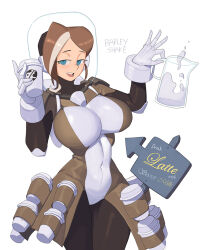 Rule 34 | 1girl, aqua eyes, arrow (symbol), barleyshake, bodysuit, breasts, brown hair, covered navel, cup, english text, fishbowl helmet, gloves, half-closed eyes, highres, large breasts, milk, multicolored hair, open mouth, original, pitcher (container), sign, signature, simple background, smile, solo, streaked hair, white background, white gloves