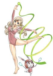 Rule 34 | 1girl, arm up, barefoot, blue eyes, breasts, cleavage, collarbone, dancing, eden&#039;s zero, feet, full body, green ribbon, leg up, leotard, long hair, mashima hiro, medium breasts, official art, outstretched arms, pink leotard, pino (eden&#039;s zero), rebecca bluegarden, ribbon, robot, silver hair, simple background, standing, standing on one leg, twintails, white background