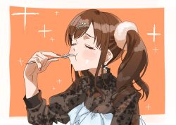 Rule 34 | 1girl, bow, bowtie, breasts, brown hair, closed eyes, dress, earrings, eating, foodgasm, fork, hair ornament, hair scrunchie, hairclip, highres, holding, holding fork, idolmaster, idolmaster shiny colors, jewelry, layered dress, light blush, long hair, nail polish, orange background, parted bangs, red nails, scrunchie, solo, sonoda chiyoko, sunomono, twintails, two-tone background, upper body, utensil in mouth