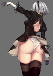 Rule 34 | 1girl, android, arm at side, ass, back, back cutout, black dress, black footwear, black hairband, black thighhighs, boots, bottle7, breasts, clothing cutout, cowboy shot, drag-on dragoon, dress, from behind, gloves, gluteal fold, grey hair, hairband, leotard, medium breasts, nier (series), nier:automata, outstretched arm, panties, puffy sleeves, shiny clothes, shiny skin, short dress, short hair, side cutout, sideboob, simple background, skindentation, solo, thigh boots, thighhighs, two-sided fabric, two-sided skirt, underwear, upskirt, white leotard, white panties, 2b (nier:automata)
