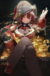 Rule 34 | 1girl, breasts, cleavage, coin, crossed legs, gold coin, hat, heterochromia, highres, hololive, houshou marine, large breasts, leggings, long hair, looking at viewer, lying, modare, off shoulder, pirate, pirate hat, red eyes, red hair, see-through, see-through cleavage, skin tight, sleeves past wrists, smile, solo, treasure chest, twintails, virtual youtuber, yellow eyes