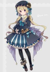 Rule 34 | 1girl, :o, bad id, bad twitter id, black dress, black pantyhose, blonde hair, bow, bowtie, brown footwear, dress, frilled dress, frills, grey background, hair ornament, hat, highres, ikeuchi tanuma, lolita fashion, long hair, long sleeves, looking at viewer, pantyhose, parted lips, purple eyes, shoes, solo, standing, twintails, twitter username, very long hair, wide sleeves
