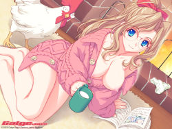 Rule 34 | 1girl, 2005, barefoot, bird, blonde hair, blue eyes, bottomless, breasts, chicken, cup, galge.com, glasses, happy, large breasts, long hair, miyama amehiko, mug, nipples, open clothes, open shirt, panties, rooster, shirt, smile, solo, sweater, underwear, wallpaper