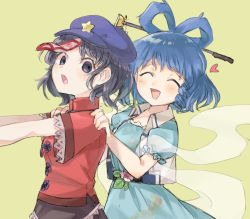 Rule 34 | 2girls, :d, ^ ^, black skirt, blue dress, blue hair, blue hat, closed eyes, dress, facing viewer, flower, from side, grey background, grey eyes, grey hair, hair ornament, hands on another&#039;s shoulders, hat, hat ornament, heart, kaku seiga, leaf, looking at viewer, miyako yoshika, multiple girls, ofuda, open mouth, pale skin, pink flower, puffy short sleeves, puffy sleeves, red vest, sasa kichi, short sleeves, simple background, skirt, smile, star (symbol), star hat ornament, touhou, upper body, vest, wide sleeves