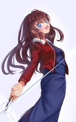 Rule 34 | 1girl, :d, blue eyes, blue kimono, brown hair, cosplay, dated, fur-trimmed jacket, fur trim, hair between eyes, highres, holding, holding knife, i.f.s.f, ichinose shiki, idolmaster, idolmaster cinderella girls, jacket, japanese clothes, kara no kyoukai, kimono, knife, long hair, long sleeves, looking at viewer, multiple girls, name connection, open clothes, open jacket, open mouth, red jacket, ryougi shiki, ryougi shiki (cosplay), simple background, smile, solo, standing, twitter username, very long hair, white background