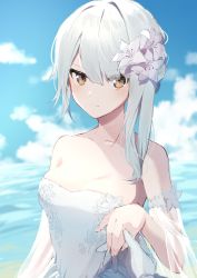 Rule 34 | 1girl, absurdres, alternate costume, arm at side, armband, asymmetrical hair, bare shoulders, beach, blue sky, blurry, blurry background, breasts, brown eyes, closed mouth, cloud, cloudy sky, commentary request, detached sleeves, dress, eyes visible through hair, flower, gloves, hair between eyes, hair flower, hair ornament, head tilt, highres, hinakano h, holding hands, kaine (nier), light, light blush, long hair, looking at viewer, lunar tear, nail, nier, nier (series), ocean, outstretched arm, petals, reaching, reaching towards viewer, see-through, see-through sleeves, shore, silver hair, sky, solo, strapless, strapless dress, wedding dress, white dress, white gloves