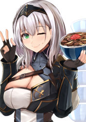Rule 34 | 1girl, ;), black gloves, blush, bowl, bowl stack, braid, breasts, buttons, circlet, cleavage, cleavage cutout, clothing cutout, fingerless gloves, food, food on face, gloves, gold trim, green eyes, holding, holding bowl, hololive, kanzaki kureha, large breasts, o-ring, one eye closed, rice, rice on face, shirogane noel, shirogane noel (1st costume), smile, solo, upper body, virtual youtuber, w, white background, white hair, wrist guards