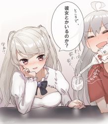 Rule 34 | 2girls, ahoge, alcohol, blush, bottle, breasts, brown eyes, cleavage, cleavage cutout, clothing cutout, commentary request, conte di cavour (kancolle), cup, dress, drinking glass, drunk, closed eyes, frilled dress, frills, gangut (kancolle), grey hair, kantai collection, large breasts, long hair, long sleeves, multiple girls, nose blush, one-hour drawing challenge, pouring, red shirt, shirt, smile, translated, two side up, upper body, vodka, white dress, wine glass, yamashichi (mtseven)