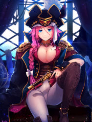 Rule 34 | 10s, 1girl, antique firearm, blue eyes, boots, braid, breasts, brown footwear, brown thighhighs, choker, cleavage, cocorosso, corset, curtains, epaulettes, fate/extra, fate (series), feathers, firearm, firelock, flintlock, francis drake (fate), francis drake (third ascension) (fate), gun, hair over shoulder, handgun, hat, highres, indoors, jewelry, large breasts, long hair, looking at viewer, pantyhose, pink hair, pistol, scar, smile, thigh boots, thighhighs, tricorne, trigger discipline, very long hair, weapon, window