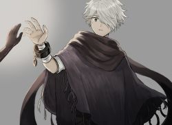 Rule 34 | 1boy, bandages, bracelet, cloak, grey hair, hair over one eye, jewelry, looking at viewer, male focus, octopath traveler, octopath traveler i, open mouth, scarf, short hair, simple background, solo, therion (octopath traveler), white hair, wspread