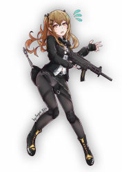 Rule 34 | 1girl, ankle boots, bad id, bad pixiv id, boots, brown hair, clothes lift, cross-laced footwear, fang, feyoi, fingerless gloves, girls&#039; frontline, gloves, gun, h&amp;k ump, h&amp;k ump, highres, holding, holding weapon, hook, lace-up boots, open mouth, panties, panties under pantyhose, pantyhose, skirt, skirt lift, skirt tug, solo, twintails, ump9 (girls&#039; frontline), underwear, weapon