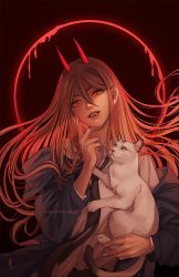 Rule 34 | 1girl, animal, artist name, black background, black jacket, black necktie, cat, chainsaw man, collared shirt, cross-shaped pupils, demon girl, fangs, hair between eyes, halo, hand on own face, highres, holding, holding animal, holding cat, horns, jacket, long hair, long sleeves, looking at viewer, meowy (chainsaw man), necktie, oni horns, orange eyes, orange hair, parted lips, pineapplebreads, power (chainsaw man), red horns, ringed eyes, shirt, smile, symbol-shaped pupils, upper body, white cat, white shirt, yellow eyes
