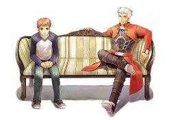 Rule 34 | 2boys, archer (fate), couch, crop top, denim, dual persona, emiya shirou, fate/stay night, fate (series), jeans, koto eri, male focus, multiple boys, pants, patterned upholstery, raglan sleeves, red hair, sitting, steel toed boots, striped upholstery, tan, waist cape, white hair, yellow eyes