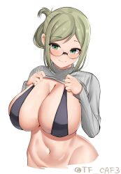 Rule 34 | 2girls, alternate costume, bikini, bikini top only, black bikini, breasts, cleavage, closed mouth, clothes lift, cropped torso, folded ponytail, glasses, green eyes, huge breasts, kantai collection, katori (kancolle), lifted by self, light brown hair, long hair, long sleeves, looking at viewer, multiple girls, navel, one-hour drawing challenge, parted bangs, ribbed sweater, smile, solo, sweater, sweater lift, swimsuit, tf cafe, twitter username, white background, white sweater, wide hips