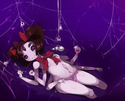 Rule 34 | 1girl, arthropod girl, black hair, bug, colored skin, extra arms, extra eyes, fangs, flat chest, insect girl, lying, monster girl, muffet, navel, nipples, nude, on back, purple eyes, purple skin, pussy, ribbon, short hair, silk, smile, solo, spider, spider girl, spider web, twintails, two side up, undertale, visark