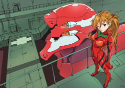 Rule 34 | 1girl, armpits, artist request, ass, blue eyes, bodysuit, breasts, breasts apart, brown hair, eva 02, full body, hair between eyes, hand on own hip, highres, long hair, mecha, medium breasts, neon genesis evangelion, one eye closed, parted bangs, perspective, plugsuit, red bodysuit, robot, skin tight, solo, souryuu asuka langley, standing, tsundere, two side up