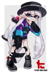 Rule 34 | 1girl, black footwear, black headwear, black shorts, blunt bangs, boater hat, dolphin shorts, ear piercing, earrings, grey background, grey hair, hand on own chin, holding, holding weapon, ink tank (splatoon), inkling, inkling (language), inkling girl, inkling player character, jacket, jewelry, leaning forward, logo, long hair, long sleeves, looking at viewer, maco spl, multicolored clothes, multicolored jacket, nintendo, no socks, outside border, parted lips, piercing, pointy ears, purple eyes, shoes, short shorts, shorts, smile, sneakers, solo, sparkle, splatoon (series), splatoon 2, splattershot (splatoon), standing, tentacle hair, very long hair, weapon, zipper