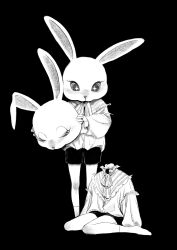 Rule 34 | 2others, absurdres, androgynous, ascot, closed eyes, frilled shirt collar, frills, greyscale, headless, highres, holding, holding mask, korean commentary, long sleeves, looking at another, mask, monochrome, multiple others, no shoes, original, puffy long sleeves, puffy sleeves, rabbit mask, sae sae, shorts, simple background, socks, standing, unworn mask, war