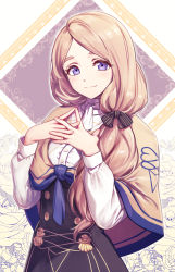 Rule 34 | 1girl, brown hair, capelet, closed mouth, deadnooodles, fire emblem, fire emblem: three houses, hands up, highres, long hair, long sleeves, looking at viewer, low ponytail, mercedes von martritz, nintendo, own hands together, purple eyes, shirt, side ponytail, solo, upper body, white shirt