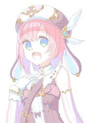 1girl :d animal_hat atelier_(series) atelier_resleriana atelier_rorona bare_shoulders blue_eyes brown_hat commentary_request gloves hand_up hat leyin_(lydusk) looking_at_viewer official_alternate_costume open_mouth pink_hair rabbit_hat rorolina_frixell rorolina_frixell_(sweetie_rabbit) short_hair simple_background smile solo twitter_username upper_body white_background white_gloves