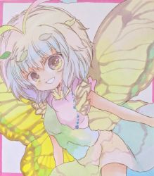 Rule 34 | 1girl, antennae, aqua hair, blush, butterfly wings, cowboy shot, dress, eternity larva, fairy, green dress, hair between eyes, insect wings, leaf, leaf on head, multicolored clothes, multicolored dress, nishina masato, one-hour drawing challenge, open mouth, short hair, short sleeves, smile, solo, touhou, traditional media, wings, yellow eyes