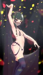 Rule 34 | 1girl, :q, arm up, armpits, bangle, black hair, black thighhighs, blue eyes, blunt bangs, bracelet, closed mouth, commentary, commission, cowboy shot, dancer, earrings, english commentary, falling petals, flat chest, from side, highres, jewelry, kusuriya no hitorigoto, licking lips, long hair, looking at viewer, looking to the side, maidforge, maomao (kusuriya no hitorigoto), mixed-language commentary, mouth veil, navel piercing, outstretched arm, paid reward available, petals, piercing, revealing clothes, seductive smile, smile, solo, thighhighs, tongue, tongue out, v-shaped eyebrows, veil