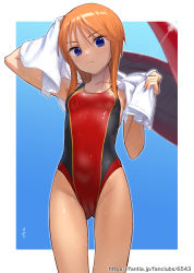 Rule 34 | 1girl, alternate costume, blue background, blue eyes, blurry, blurry background, blush, border, breasts, cameltoe, cleft of venus, clothes writing, collarbone, competition swimsuit, female focus, gluteal fold, gundam, gundam zz, highleg, highleg swimsuit, highres, hip focus, holding, holding towel, kawakami rokkaku, long hair, looking at viewer, one-piece swimsuit, orange hair, outside border, paid reward available, puru two, red one-piece swimsuit, sidelocks, signature, simple background, skin tight, small breasts, solo, standing, swimsuit, thighs, towel, towel around neck, upper body, watermark, web address, wet, white border, wiping
