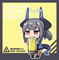 Rule 34 | 1girl, arknights, battery, black footwear, black skirt, blue jacket, blush stickers, commentary, dragon girl, dragon horns, dragon tail, electricity, english commentary, english text, grey hair, hm (hmongt), holding, horns, jacket, lightning, liskarm (arknights), long sleeves, red eyes, skirt, solo, tail, thighhighs
