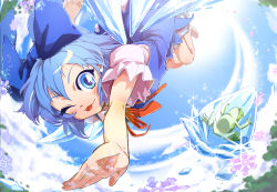 Rule 34 | 1girl, ;p, bad id, bad pixiv id, barefoot, blue eyes, blue hair, bow, cirno, embodiment of scarlet devil, foreshortening, frog, frozen, frozen frog, hair bow, ice, im (badmasa), large bow, looking at viewer, matching hair/eyes, one eye closed, outstretched arm, outstretched hand, short hair, snowflakes, solo, tongue, tongue out, touhou