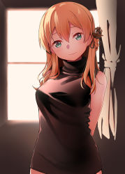 Rule 34 | 10s, 1girl, alternate costume, alternate hairstyle, anchor hair ornament, arms behind back, backlighting, bare shoulders, blonde hair, blush, breasts, byte (allbyte), curtains, green eyes, hair ornament, head tilt, highres, indoors, kantai collection, looking at viewer, low twintails, medium breasts, no headwear, prinz eugen (kancolle), sleeveless, sleeveless turtleneck, smile, solo, sweater, turtleneck, turtleneck sweater, twintails, upper body, window