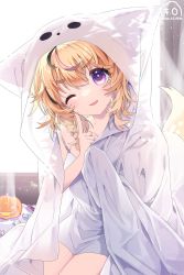 Rule 34 | 1girl, absurdres, animal ears, babydoll, blonde hair, blush, commentary request, facial mark, fox ears, fox girl, fox tail, highres, hololive, kio is here, korean commentary, long hair, looking at viewer, messy hair, mixed-language commentary, morning, multicolored hair, nightgown, omaru polka, one eye closed, open mouth, pink hair, signature, smile, solo, star (symbol), star in eye, streaked hair, sunlight, symbol in eye, tail, twitter username, virtual youtuber, waking up