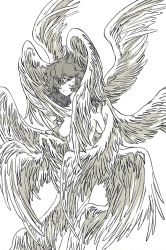 Rule 34 | 1boy, asuka ryou, blue eyes, breasts, closed mouth, devilman, devilman crybaby, eyebrows, feathered wings, feathers, head wings, highres, large wings, long hair, male focus, nude, satan (devilman), simple background, solo, white background, wings