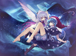 Rule 34 | 2girls, ahoge, ainy, bare legs, barefoot, bloomers, blue eyes, blue hair, boots, bow, bowtie, closed mouth, commentary request, cross-laced footwear, doremy sweet, feathered wings, hat, kishin sagume, lace-up boots, legs, looking at another, multiple girls, nightcap, pom pom (clothes), red eyes, short hair, silver hair, single wing, smile, tail, tapir tail, touhou, underwear, white wings, wings