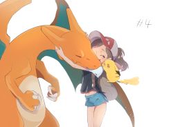 Rule 34 | 1girl, backpack, bag, baseball cap, black shirt, blouse, blue shorts, blush stickers, brown eyes, brown hair, charizard, closed eyes, commentary, creatures (company), elaine (pokemon), game freak, gen 1 pokemon, hat, hug, light particles, long hair, midriff, nintendo, open mouth, pikachu, pokemon, pokemon (creature), pokemon lgpe, ponytail, shirt, short shorts, short sleeves, shorts, simple background, smile, standing, thighs, ueda kou, white background