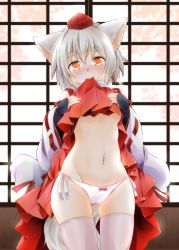 Rule 34 | 1girl, animal ears, bare shoulders, blush, bow, bow panties, breasts, clothes lift, commentary request, detached sleeves, eyebrows, glowing, glowing eyes, groin, hakama, hakama skirt, hat, head tilt, highres, inubashiri momiji, japanese clothes, kneeling, lifted by self, long sleeves, looking at viewer, minase tamaki, mouth hold, navel, no bra, nose blush, orange eyes, panties, red bow, short hair, side-tie panties, silver hair, skirt, small breasts, smile, solo, stomach, tail, thick eyebrows, thighhighs, tokin hat, touhou, tree shade, underboob, underwear, white panties, white thighhighs, wide sleeves, wolf ears, wolf girl, wolf tail