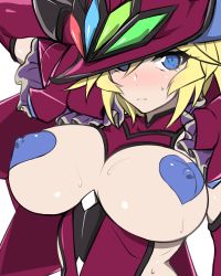 Rule 34 | 1girl, aged up, arm up, blonde hair, blue eyes, blush, breasts, breasts out, carol malus dienheim, covered erect nipples, elbow gloves, frills, gloves, hair between eyes, hat, heart pasties, kuro mushi, large breasts, looking at viewer, mole, mole under eye, pasties, purple gloves, senki zesshou symphogear, shiny skin, short hair, simple background, solo, sweat, upper body, white background, witch hat